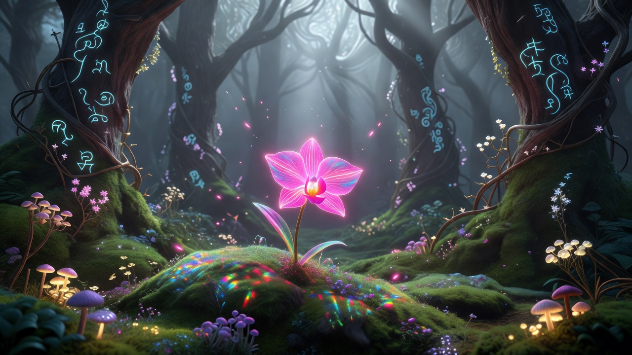 A high-fidelity render showcasing an enchanted neon pink orchid blossom growing beautifully inside the mystical Mavofunfondry garden sanctuary